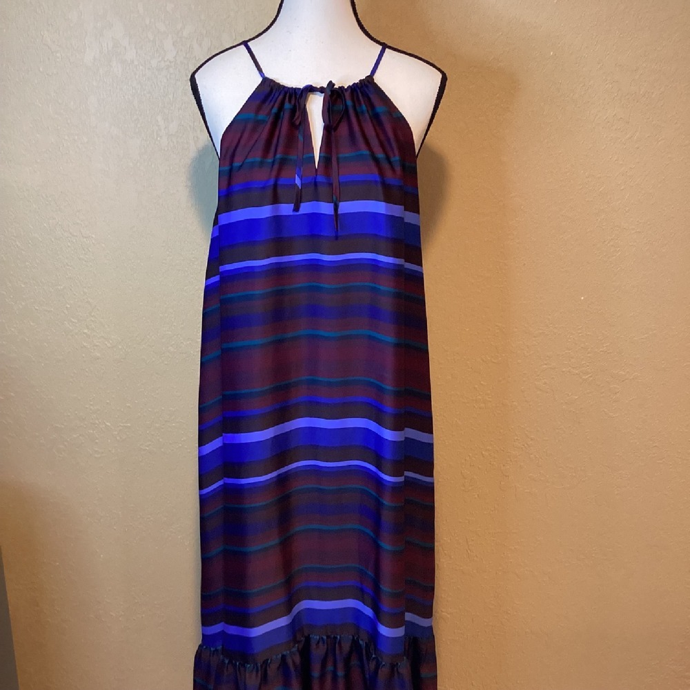 Banana Republic Size Large Tiered Trapeze Maxi Dress, Blue/Burgundy/Green Stripe